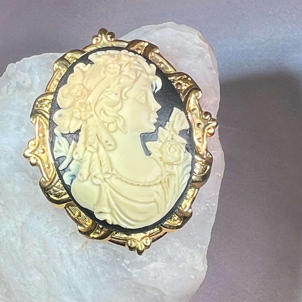 Vintage Victorian Revival Black Cameo Scarf Dress Clip Gold Antique